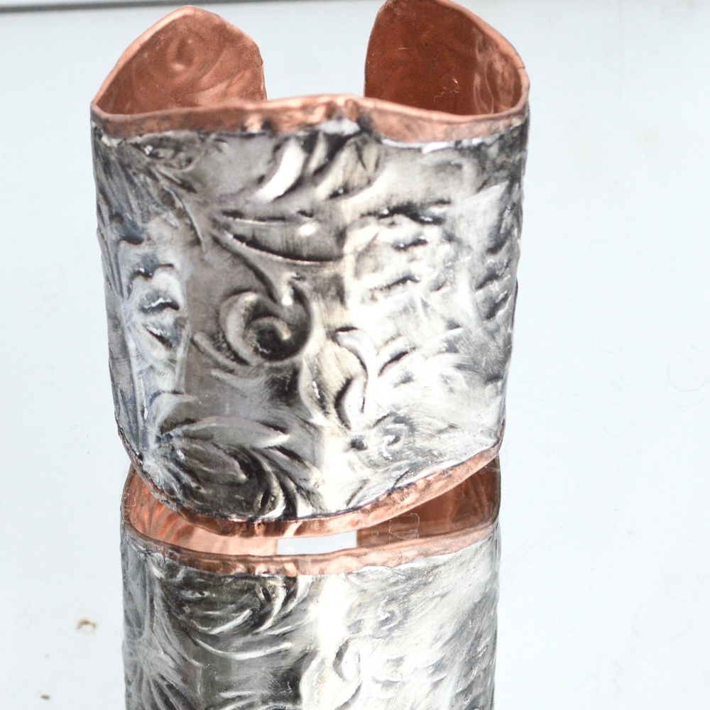 Rose Floral Silver Copper Embossed Gladiator Cuff Wide Handmade Victorian Armor - Picture 9 of 12